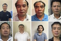 Các đối tượng từ trái qua phải: Bùi Thanh Bình - Tổng Giám đốc Công ty Việt Trung, Nguyễn Văn Bình, Ngô Tiến Cương, Nguyễn Duy Nghiệp, Nguyễn Xuân Tốt, Nguyễn Văn Đức, Lê Xuân Định, Nguyễn Trường Giang. Ảnh: Bộ Công an