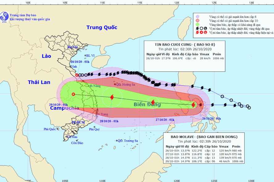 Vị trí và đường đi của bão Molave. Ảnh: Trung tâm Dự báo KTTV Quốc gia.