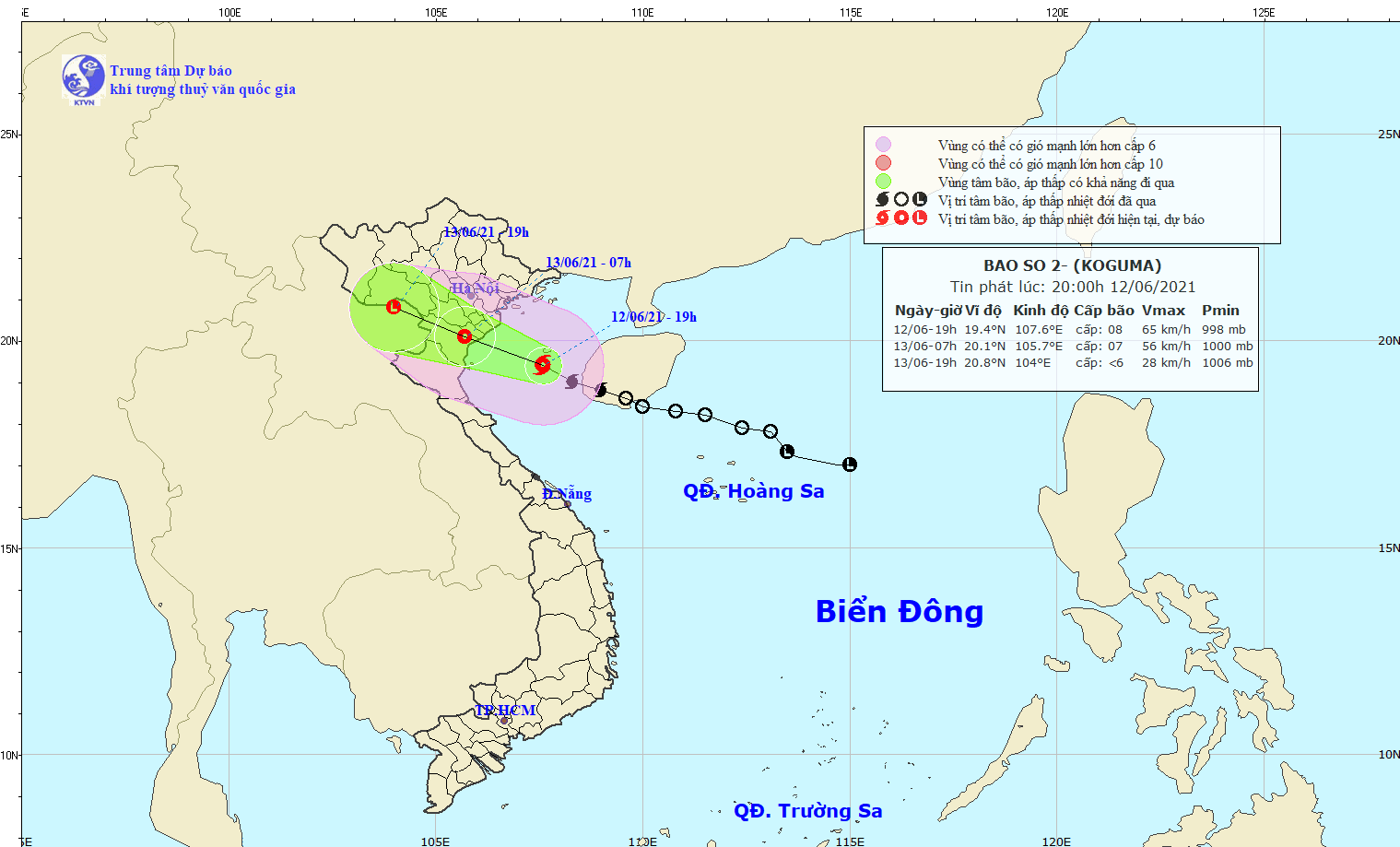 Vị trí và hướng di chuyển của bão số 2. Ảnh: NCHMF