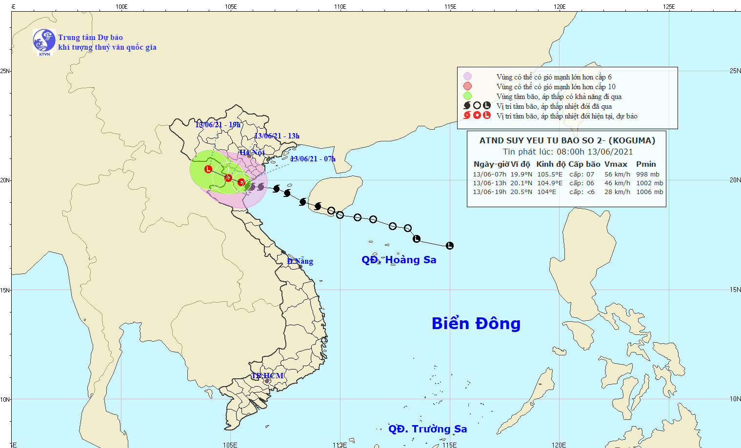 Vị trí và hướng di chuyển của bão số 2. Ảnh: NCHMF