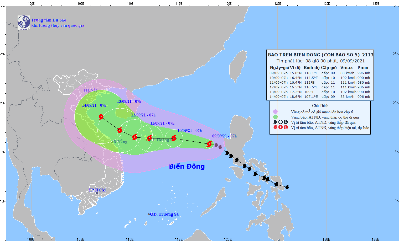 Bão số 5 di chuyển theo hướng Tây Tây Bắc, mỗi giờ đi được 15-20km