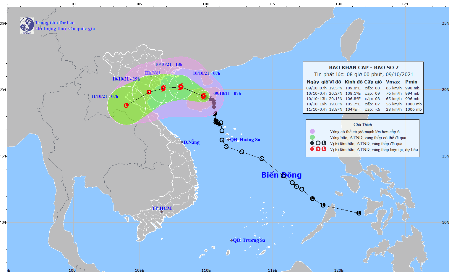 Hướng đi của bão số 7. Ảnh: Trung tâm Dự báo khí tượng thủy văn quốc gia