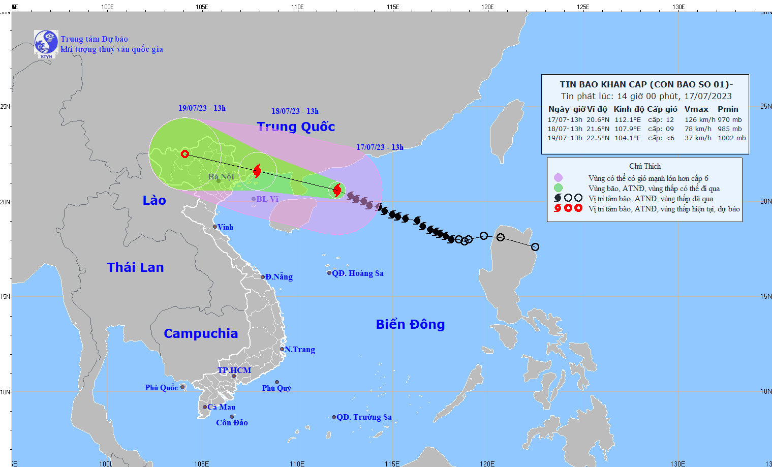 Vị trí và hướng di chuyển của bão số 1. Nguồn: chmf.gov.vn