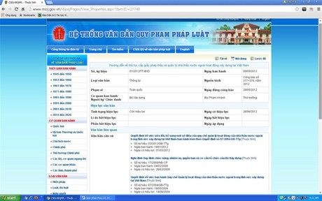 Thông tin về tình trạng hiệu lực của Thông tư số 01/2012/TT-BXD trên Cổng thông tin điện tử của Bộ Tư pháp - ảnh chụp màn hình máy tính lúc 8h30 ngày 23/10/2015