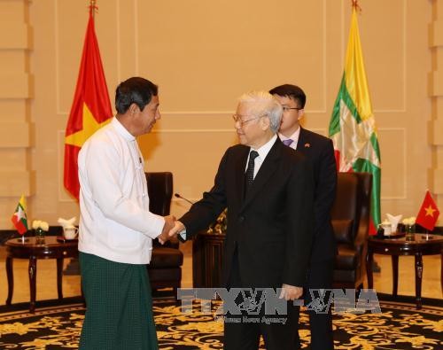 Tổng Bí thư Nguyễn Phú Trọng tiếp Chủ tịch Đảng Đoàn kết và Phát triển Liên bang Myanmar (USDP) Than Htay.