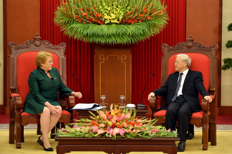 Tổng Bí thư Nguyễn Phú Trọng tiếp Tổng thống Chile Michelle Bachelet. Ảnh: VGP