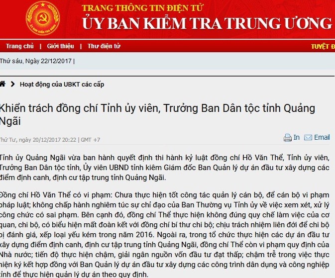 Kỷ luật Tỉnh ủy viên, Trưởng Ban Dân tộc tỉnh Quảng Ngãi