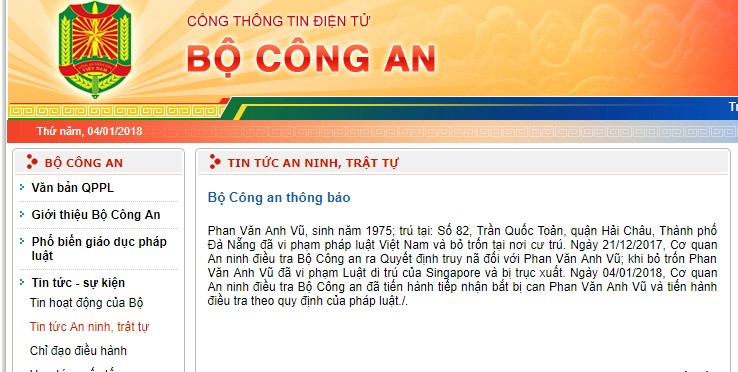 Bộ Công an tiến hành tiếp nhận bắt bị can Phan Văn Anh Vũ