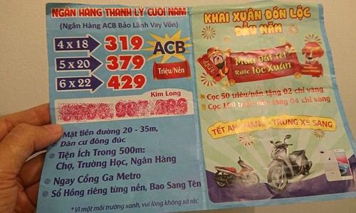 Tờ rơi quảng cáo bán đất ngân hàng thanh lý và cho vay 25 năm.