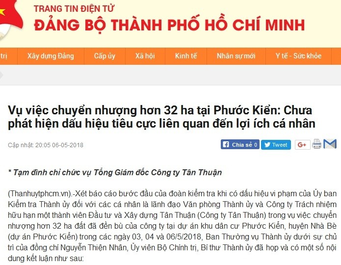 Ban Thường vụ Thành ủy TPHCM kết luận một số nội dung vụ Phước Kiển