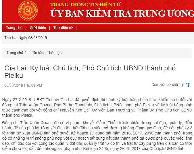 Gia Lai: Kỷ luật Chủ tịch, Phó Chủ tịch UBND thành phố Pleiku