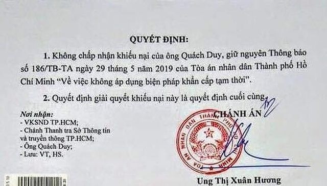 Bác khiếu nại của ông Quách Duy.