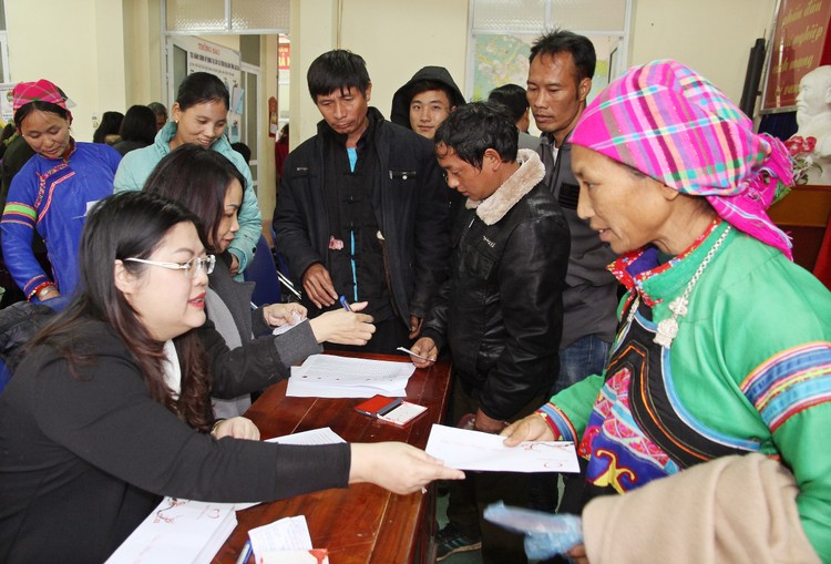 Phó Tổng biên tập Báo Đấu thầu Dương Thị Minh Thư trao quà Tết Canh Tý cho các hộ nghèo huyện Bảo Yên, tỉnh Lào Cai. Ảnh: Tường Lâm