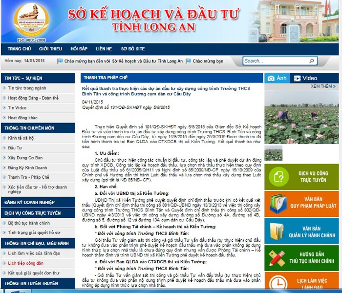 Kết quả thanh tra được công khai tại trang web của Sở KH&ĐT Long An