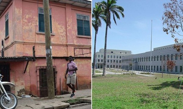 Hình ảnh đại sứ quán Mỹ giả (trái) và đại sứ quán Mỹ thật ở thủ đô Accra, Ghana. Ảnh:US State Department