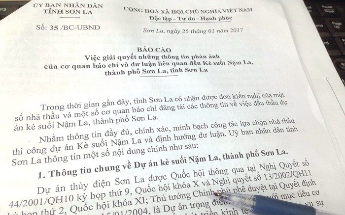 Báo cáo của UBND tỉnh Sơn La về việc giải quyết những thông tin phản ánh liên quan đến Dự án Xây dựng kè suối Nậm La. Ảnh: Lê Tiên