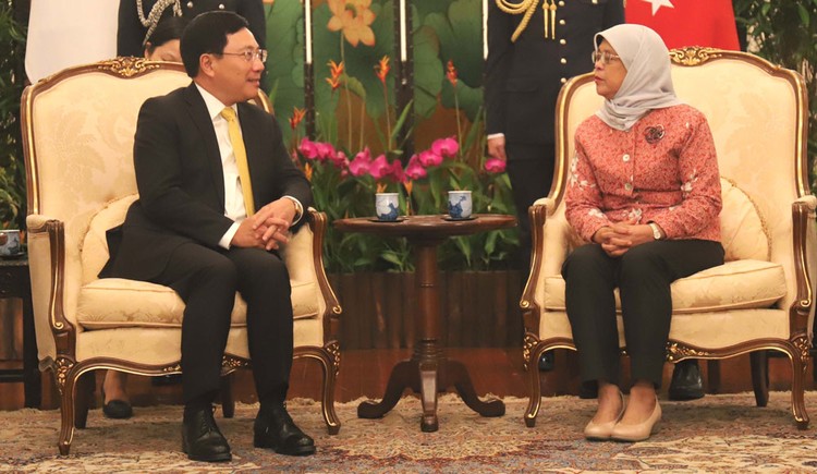 Phó Thủ tướng, Bộ trưởng Ngoại giao Phạm Bình Minh hội kiến Tổng thống Singapore Halimah Yacob. Ảnh: TTXVN