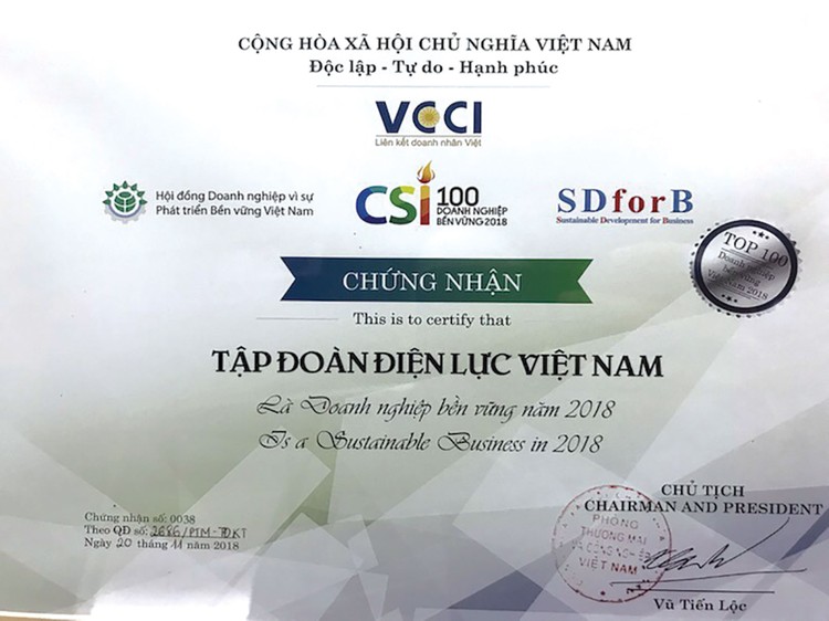 EVN nhận danh hiệu “Doanh nghiệp bền vững tại Việt Nam”