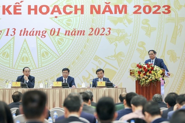 Thủ tướng Phạm Minh Chính phát biểu tại Hội nghị tổng kết công tác năm 2022 và triển khai kế hoạch năm 2023 của ngành giao thông vận tải - ảnh Khánh Ngọc