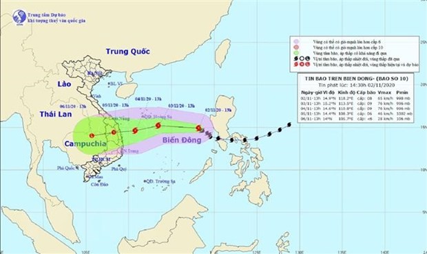 Bản đồ đường đi của Bão số 10 trên biển Đông. Nguồn: TTXVN phát