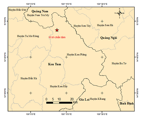 Vị trí xảy ra động đất ở Kon Tum. Nguồn: Trung tâm Báo tin động đất và cảnh báo sóng thần