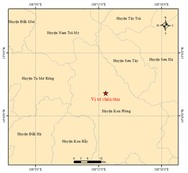 Vị trí xảy ra 4 trận động đất liên tiếp trong tối ngày 17/5 và đêm 18/5 tại Kon Tum.