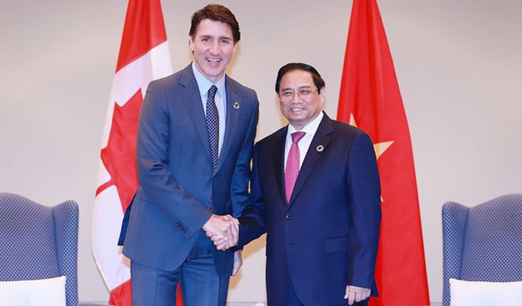 Thủ tướng Chính phủ Phạm Minh Chính gặp Thủ tướng Canada Justin Trudeau. Ảnh: VGP