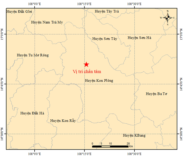 Tâm chấn trận động đất ngày 5/7 ở Kon Tum. Nguồn: Trung tâm Báo tin động đất và cảnh báo sóng thần.