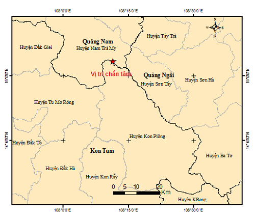 Bản đồ tâm chấn động đất tại khu vực huyện Nam Trà My, tỉnh Quảng Nam