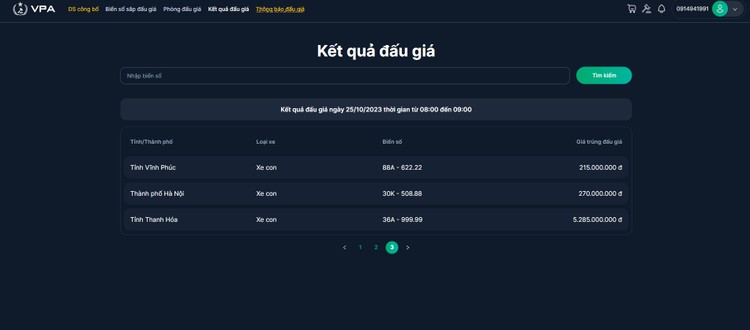 Kết quả đấu giá ngày 25/10/2023 thời gian từ 08:00 đến 09:00