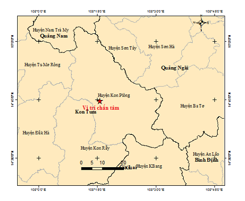 Bản đồ tâm chấn trận động đất có độ lớn 4 xảy ra sáng 13/11 tại huyện Kon Plông, tỉnh Kon Tum. 