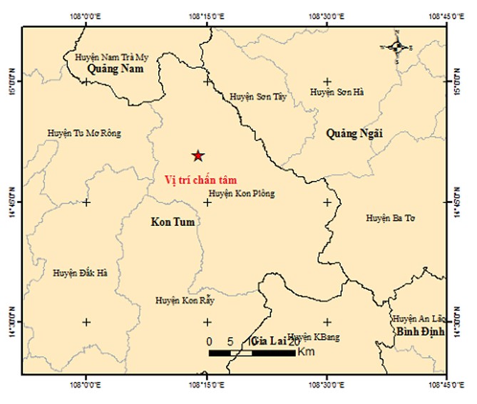 Vị trí xảy ra trận động đất trưa ngày 10/5 tại Kon Plông, tỉnh Kon Tum.
