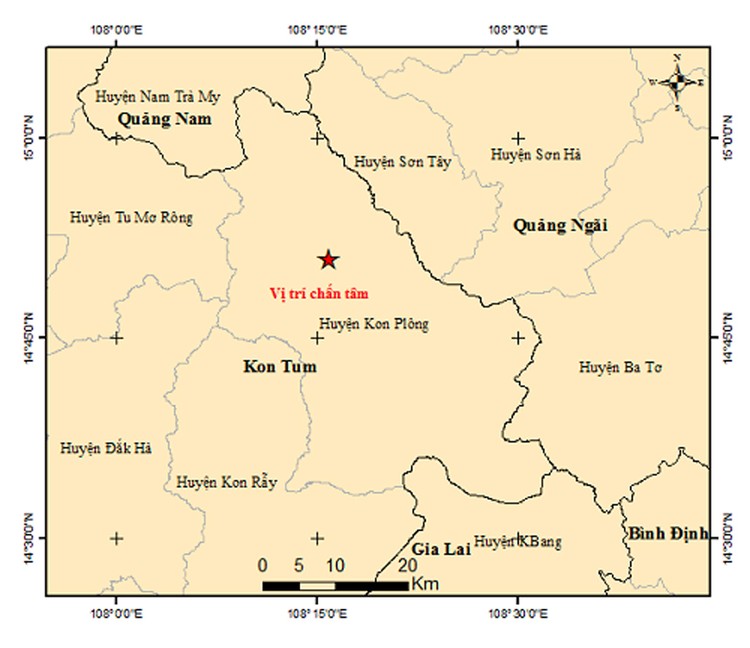 Vị trí xảy ra trận động đất mạnh 4.2 độ ở Kon Tum vào đêm 8/8.