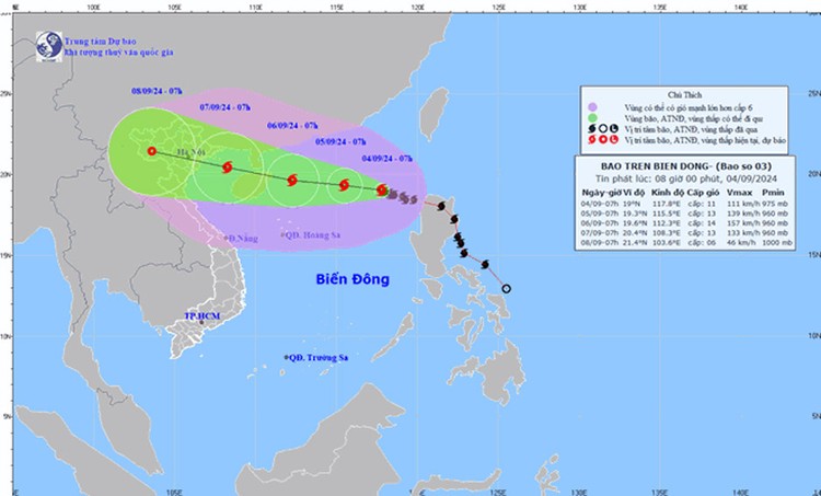 Cập nhật vị trí và đường đi bão số 3 9. Ảnh: Trung tâm Dự báo Khí tượng Thủy văn Quốc gia