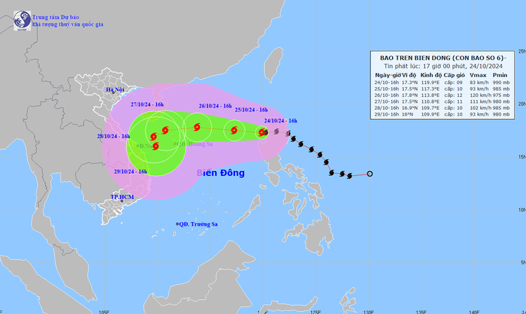 Hướng đi của bão TRAMI - Ảnh: Trung tâm Dự báo khí tượng thủy văn quốc gia cập nhật lúc 17h ngày 24/10/2024