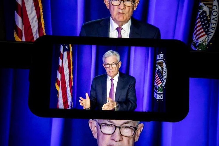 Chủ tịch Fed Jerome Powell trong họp báo ngày 16/3 - Ảnh: Bloomberg.