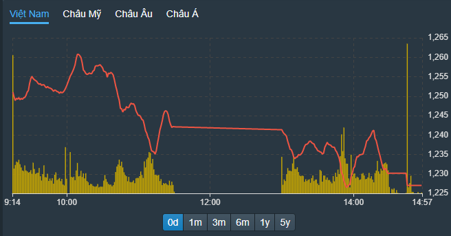 VN-Index nằm bẹp ở mức đáy cả buổi chiều, do cầu đã bốc hơi đáng kể và nhiều cổ phiếu không thể giảm thêm được nữa do chạm sàn.