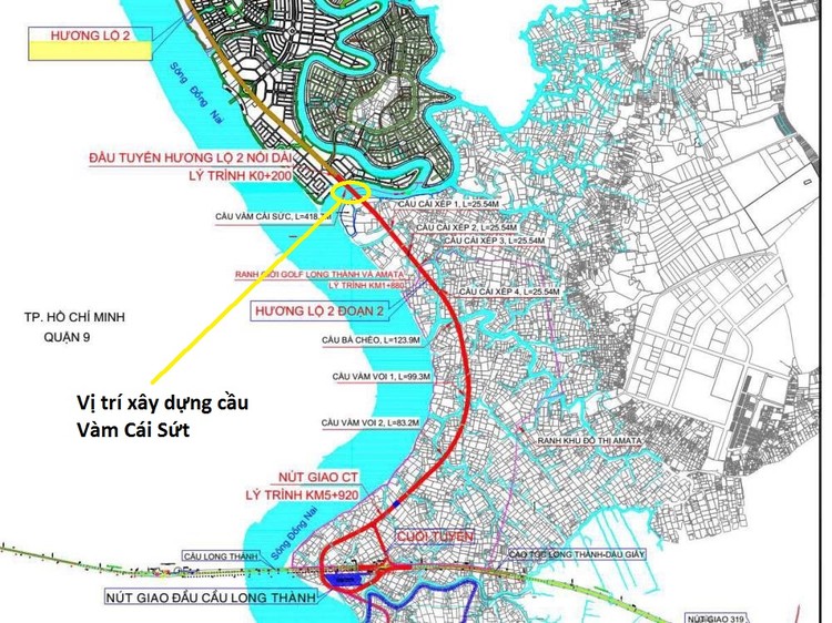 Vị trí xây dựng cầu Vàm Cái Sứt trên tuyến Hương lộ 2 (đoạn trong vòng tròn bôi vàng)
