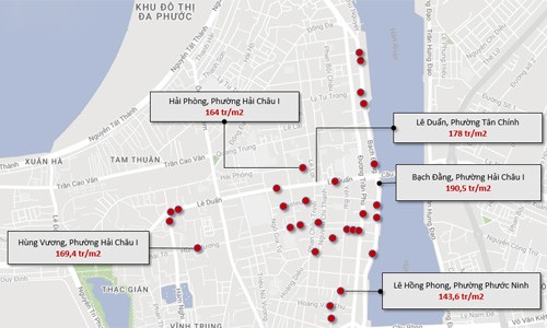 Bản đồ 31 nhà công sản tại Đà Nẵng liên quan đến Vũ "Nhôm", do Gachvang thực hiện, trong đó một số địa chỉ liền kề nhau được gộp lại, hiển thị chung bằng một chấm đỏ.