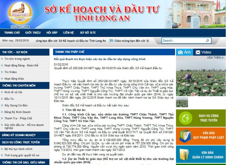 Kết quả thanh tra được công khai tại địa chỉ website của Sở KH&ĐT tỉnh Long An