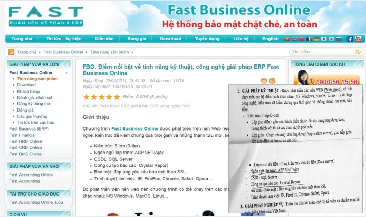 Tính năng kỹ thuật phần mềm kế toán Fast Business Online của Công ty Cổ phần Phần mềm Quản lý Doanh nghiệp (FAST) có sự trùng hợp với Phần giải pháp kỹ thuật nêu trong HSYC của PV Gas