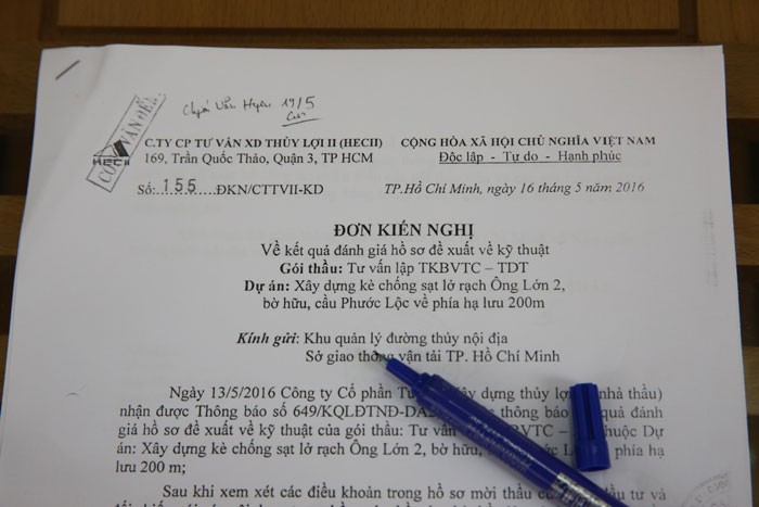 Không phục kết quả đánh giá HSĐX kỹ thuật của Khu quản lý đường thủy nội địa, HECII đã gửi Đơn kiến nghị yêu cầu phúc tra lại toàn bộ công tác đấu thầu. Ảnh: Tiên Giang