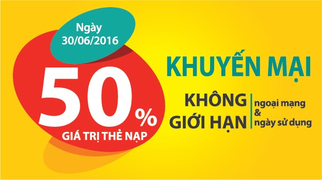 Ngày 30/6/2016, Viettel khuyến mại 50% giá trị thẻ nạp