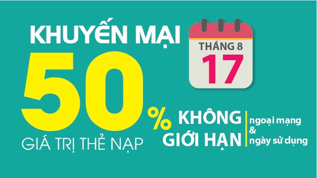 17/08/2016: Viettel khuyến mại 50% giá trị thẻ nạp một ngày duy nhất