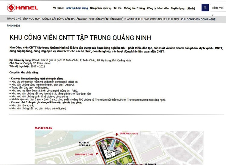 Tại địa chỉ https://hanel.com.vn/, Hanel đã tự giới thiệu là “chủ đầu tư” dự án Khu công viên công nghệ thông tin tập trung tại Tuần Châu. Ảnh: Nhã Chi