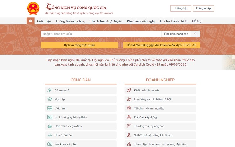 Cổng dịch vụ công quốc gia cung cấp dịch vụ hỗ trợ người dân, DN gặp khó khăn do Covid-19