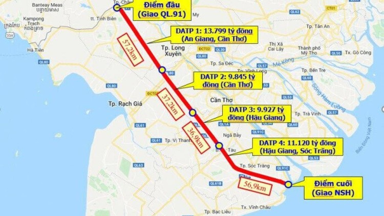 Dự án thành phần 1 cao tốc Châu Đốc - Cần Thơ - Sóc Trăng qua An Giang dài 57 km, có tổng mức đầu tư 13.799 tỷ đồng