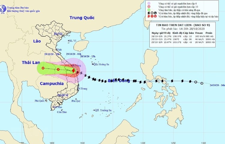 Bản đồ đường đi của Bão số 9. Ảnh: TTXVN phát