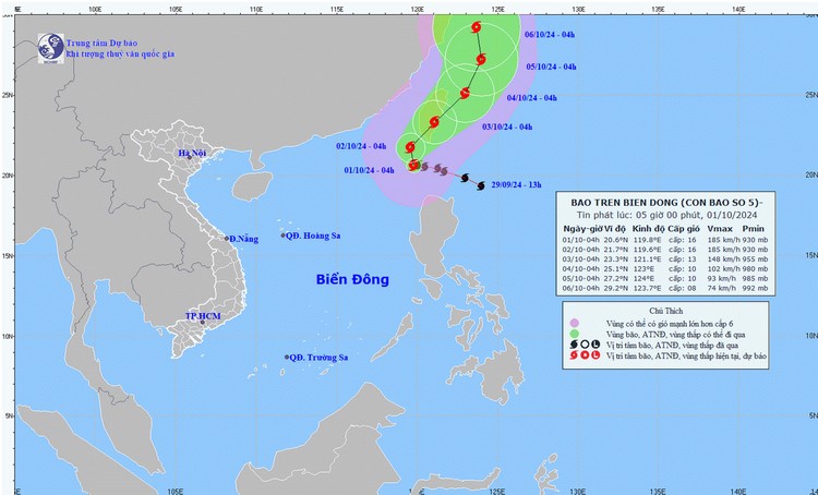 Hướng đi của cơn bão. Ảnh: Trung tâm Dự báo Khí tượng Thủy văn Quốc gia