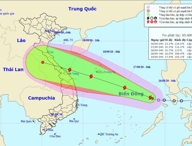 Vị trí và hướng di chuyển của bão số 5. (Ảnh: NCHMF).